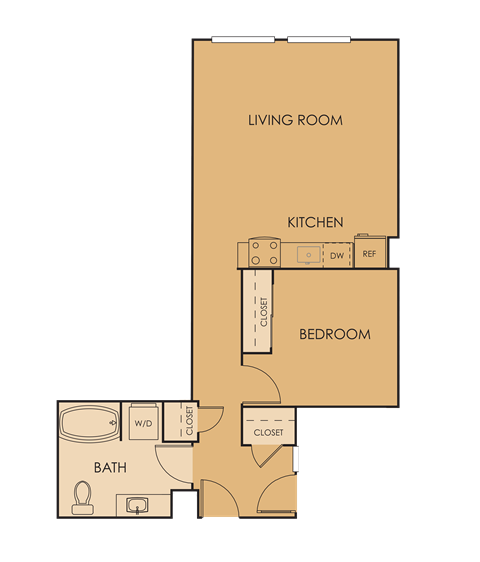 Floor plan for 1 bed, 1 bath, 721 sqft